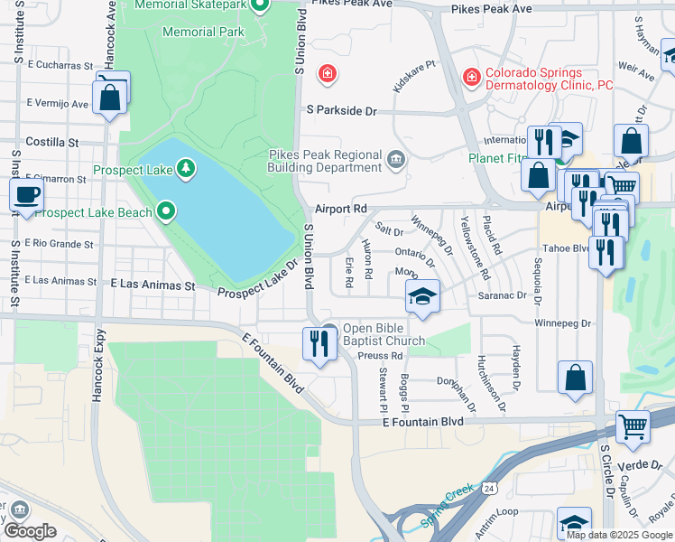 map of restaurants, bars, coffee shops, grocery stores, and more near 609 Manitoba Drive in Colorado Springs