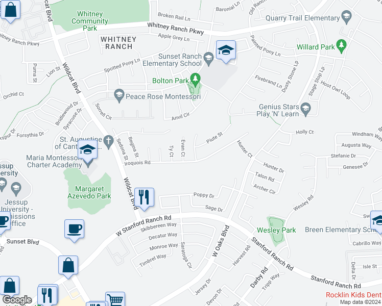 map of restaurants, bars, coffee shops, grocery stores, and more near 5305 Clipper Road in Rocklin