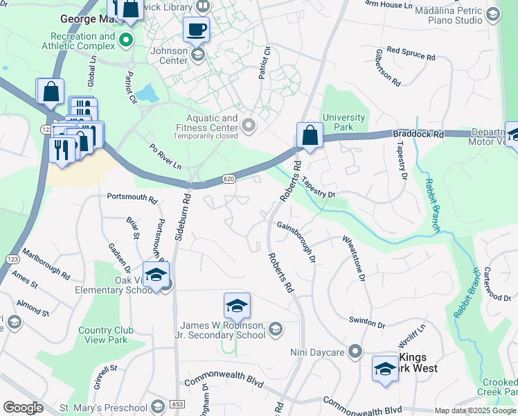 map of restaurants, bars, coffee shops, grocery stores, and more near 4836 Treasure Court in Fairfax