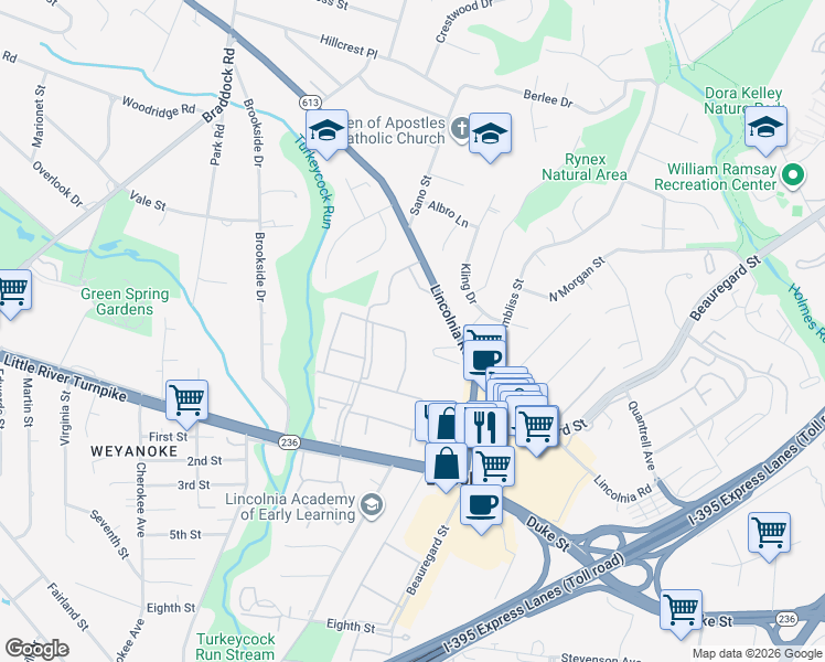 map of restaurants, bars, coffee shops, grocery stores, and more near 6332 Wingate Street in Lincolnia