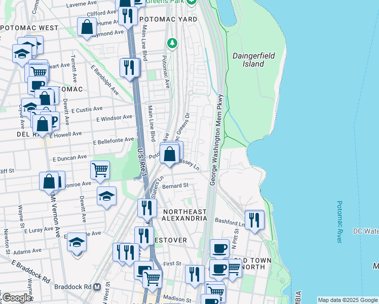 map of restaurants, bars, coffee shops, grocery stores, and more near 700 Norfolk Lane in Alexandria