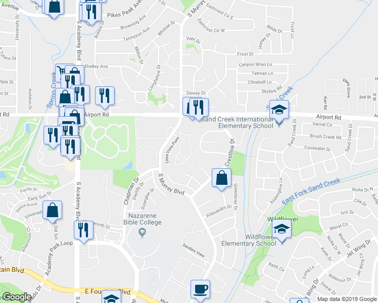 map of restaurants, bars, coffee shops, grocery stores, and more near 747 Cima Vista Point in Colorado Springs