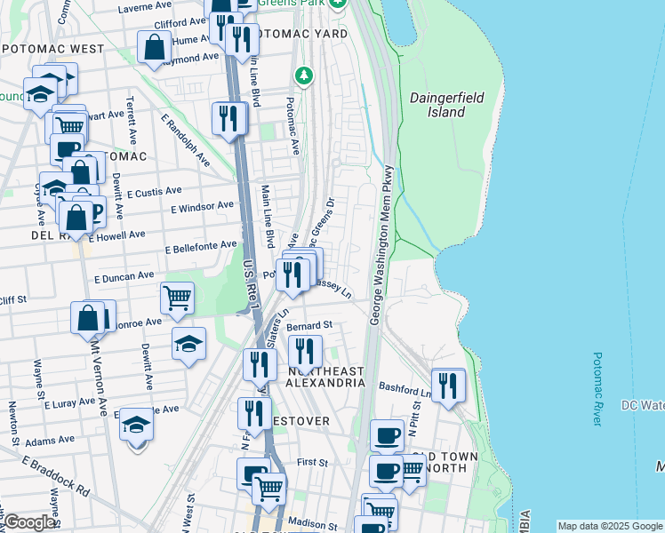 map of restaurants, bars, coffee shops, grocery stores, and more near 702 Norfolk Lane in Alexandria