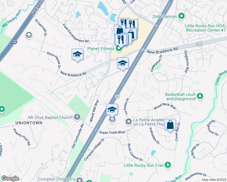 map of restaurants, bars, coffee shops, grocery stores, and more near 6515 Harvest Mill Court in Centreville
