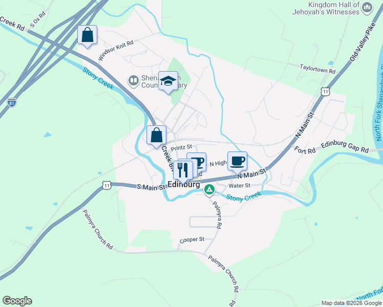 map of restaurants, bars, coffee shops, grocery stores, and more near 107 Printz Street in Edinburg