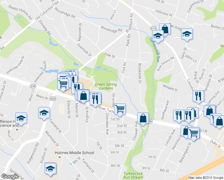 map of restaurants, bars, coffee shops, grocery stores, and more near 4618 Merritt Road in Alexandria