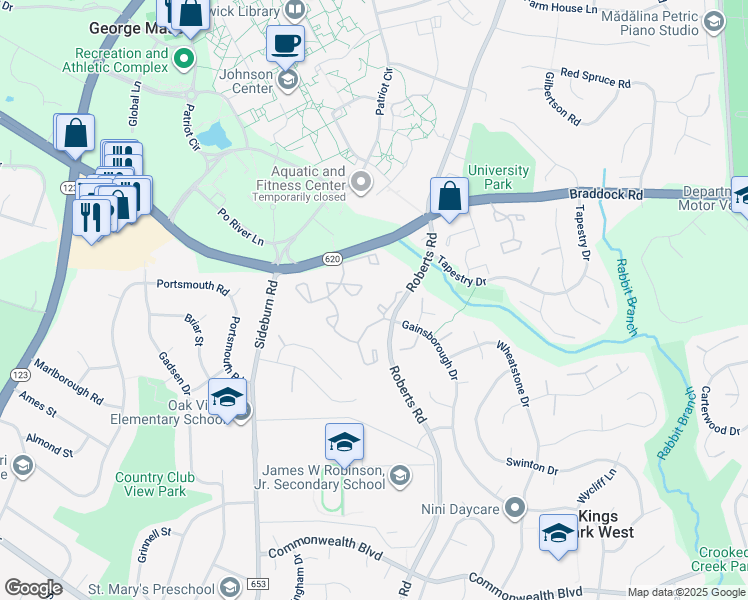 map of restaurants, bars, coffee shops, grocery stores, and more near 4836 Treasure Court in Fairfax