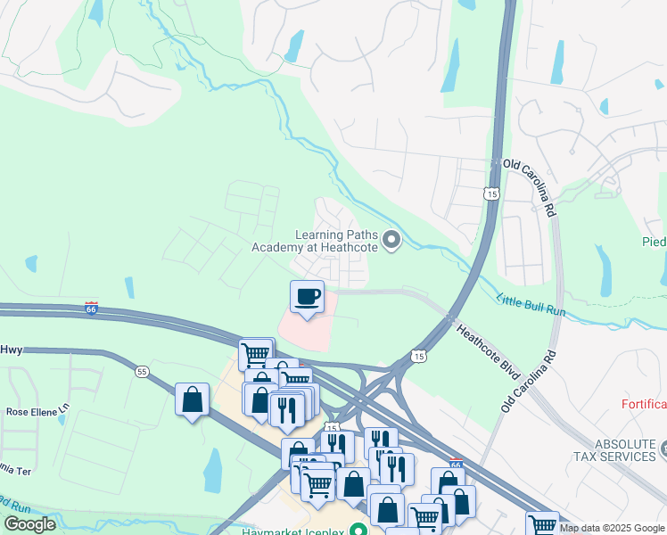 map of restaurants, bars, coffee shops, grocery stores, and more near 6266 Aster Haven Circle in Haymarket