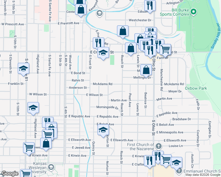 map of restaurants, bars, coffee shops, grocery stores, and more near 843 Sunrise Drive in Salina
