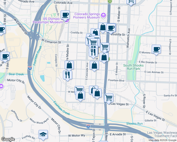 map of restaurants, bars, coffee shops, grocery stores, and more near 803 South Cascade Avenue in Colorado Springs