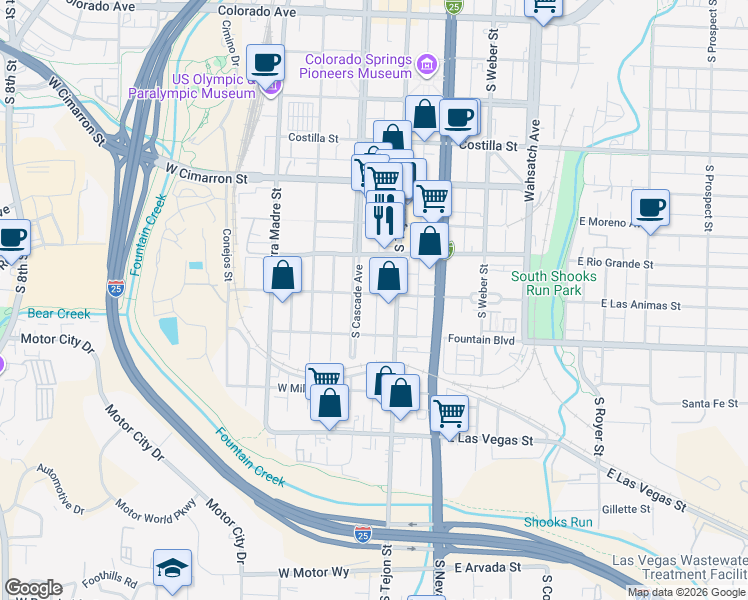 map of restaurants, bars, coffee shops, grocery stores, and more near 802 South Tejon Street in Colorado Springs