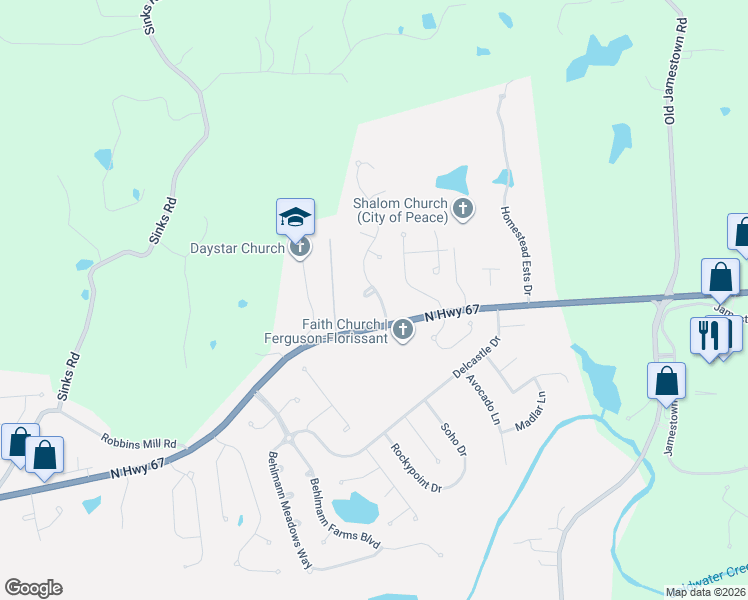 map of restaurants, bars, coffee shops, grocery stores, and more near 14311 Jamestown Bay Drive in Florissant