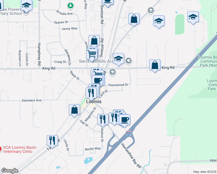 map of restaurants, bars, coffee shops, grocery stores, and more near 6034 Thornwood Drive in Loomis