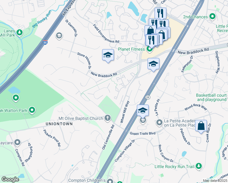 map of restaurants, bars, coffee shops, grocery stores, and more near 6332 Gun Mount Court in Centreville