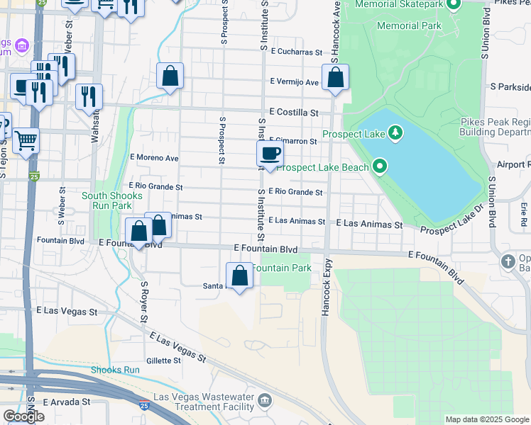 map of restaurants, bars, coffee shops, grocery stores, and more near 729 South Institute Street in Colorado Springs