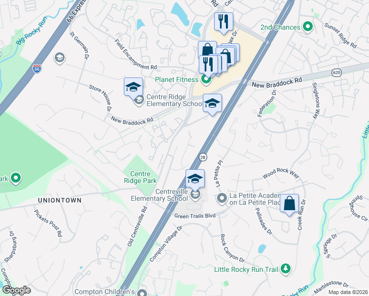 map of restaurants, bars, coffee shops, grocery stores, and more near 6522 Harvest Mill Court in Centreville