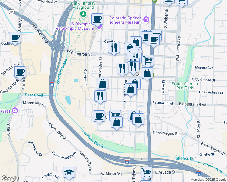 map of restaurants, bars, coffee shops, grocery stores, and more near 31 West Las Animas Street in Colorado Springs