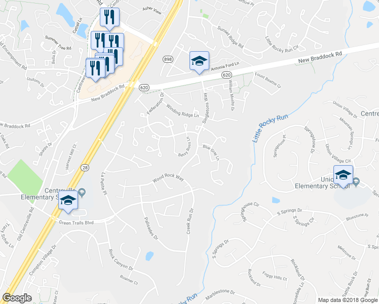 map of restaurants, bars, coffee shops, grocery stores, and more near 14035 Betsy Ross Lane in Centreville