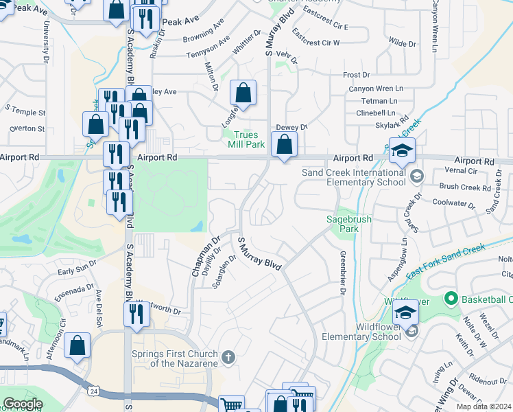 map of restaurants, bars, coffee shops, grocery stores, and more near 647 Cima Vista Point in Colorado Springs