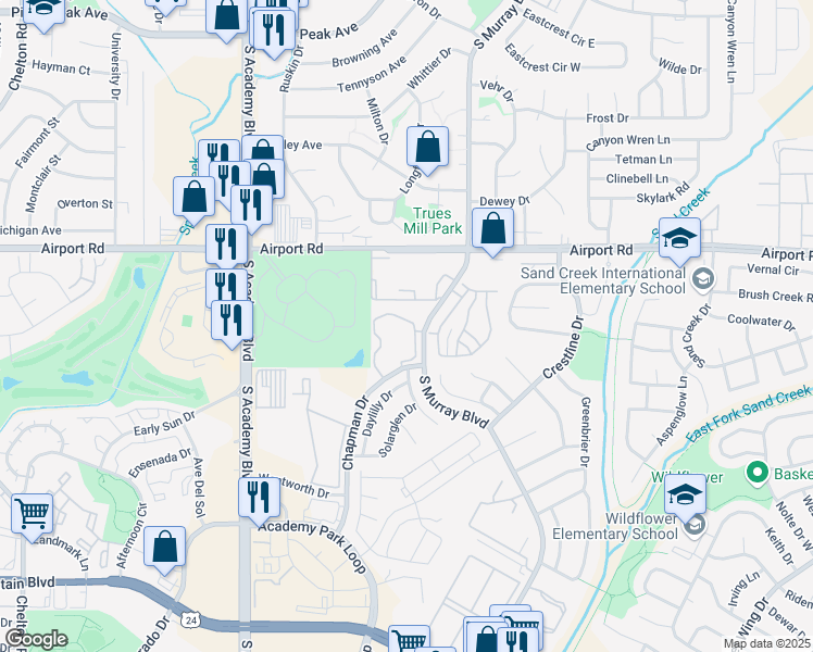 map of restaurants, bars, coffee shops, grocery stores, and more near 4175 Lacy Lane in Colorado Springs