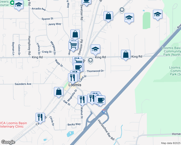 map of restaurants, bars, coffee shops, grocery stores, and more near 6062 Thornwood Drive in Loomis