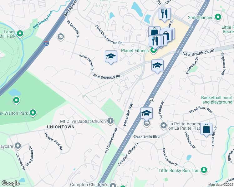 map of restaurants, bars, coffee shops, grocery stores, and more near 6332 Gun Mount Court in Centreville