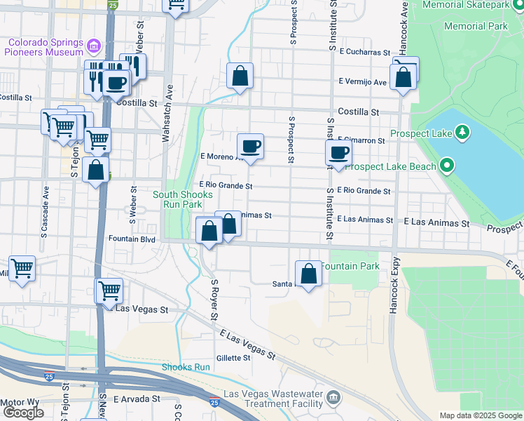 map of restaurants, bars, coffee shops, grocery stores, and more near 718 East Las Animas Street in Colorado Springs