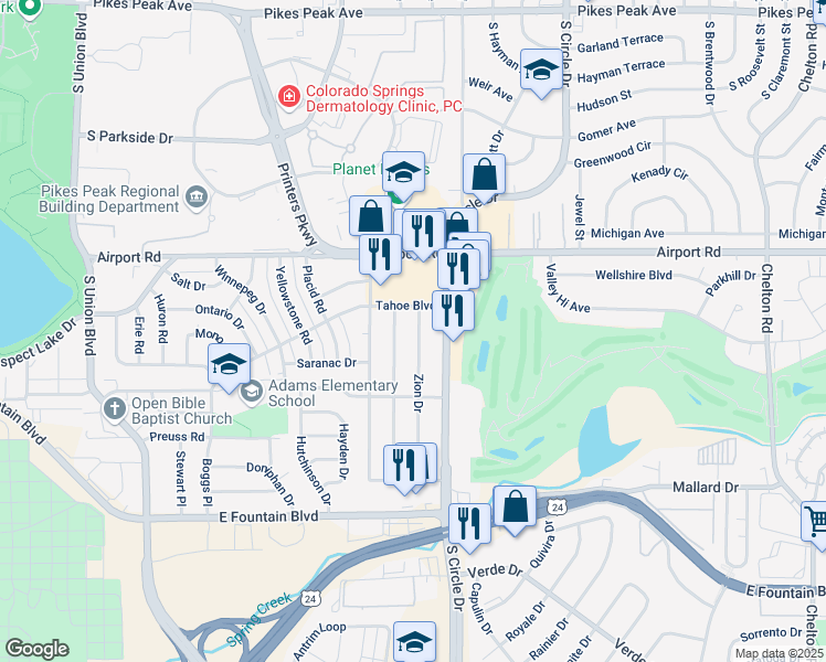map of restaurants, bars, coffee shops, grocery stores, and more near 616 Zion Drive in Colorado Springs