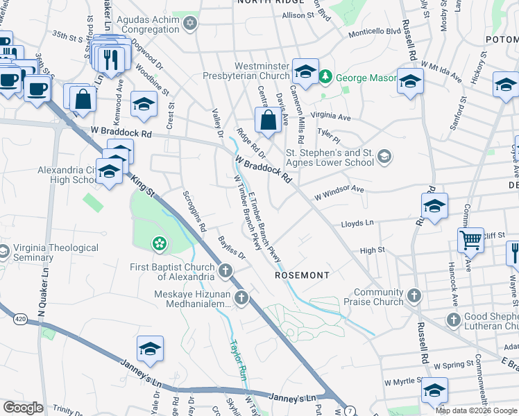 map of restaurants, bars, coffee shops, grocery stores, and more near 809 East Timber Branch Parkway in Alexandria