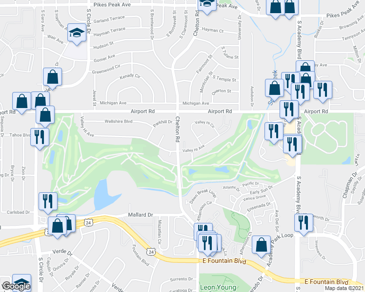 map of restaurants, bars, coffee shops, grocery stores, and more near 3302 Valley Hi Avenue in Colorado Springs
