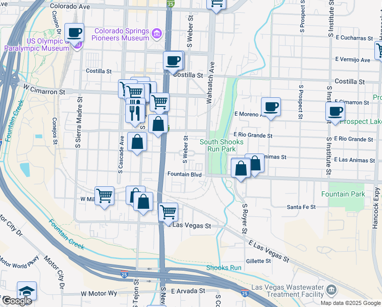 map of restaurants, bars, coffee shops, grocery stores, and more near 755 South Weber Street in Colorado Springs