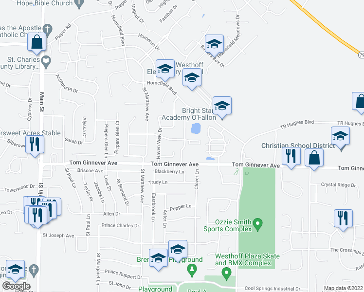 map of restaurants, bars, coffee shops, grocery stores, and more near 1061 Pinewood Place in O'Fallon