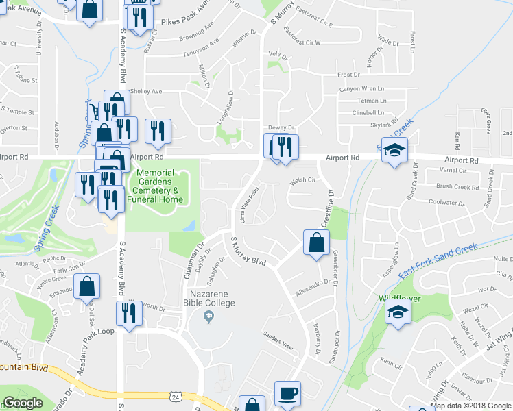map of restaurants, bars, coffee shops, grocery stores, and more near 647 Cima Vista Point in Colorado Springs