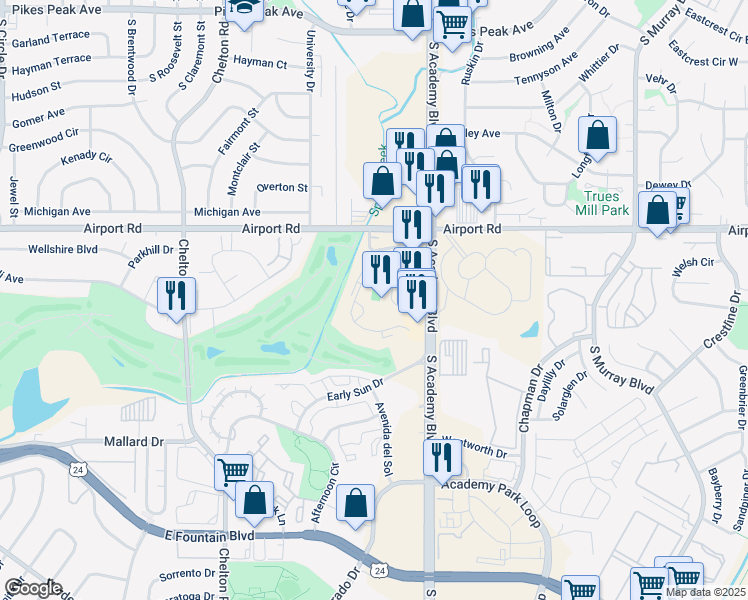 map of restaurants, bars, coffee shops, grocery stores, and more near 411 Lakewood Circle in Colorado Springs
