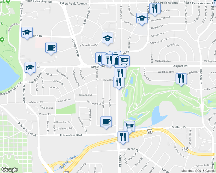 map of restaurants, bars, coffee shops, grocery stores, and more near 615 Bryce Drive in Colorado Springs