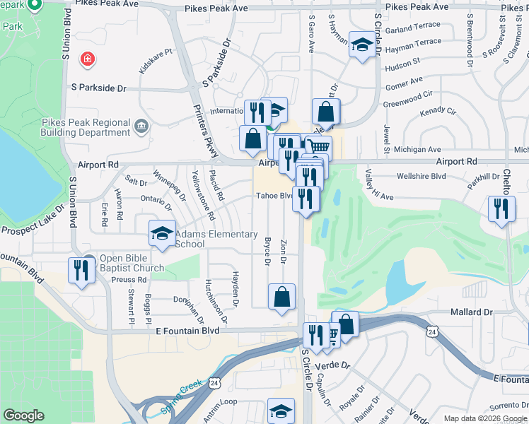 map of restaurants, bars, coffee shops, grocery stores, and more near 615 Bryce Drive in Colorado Springs