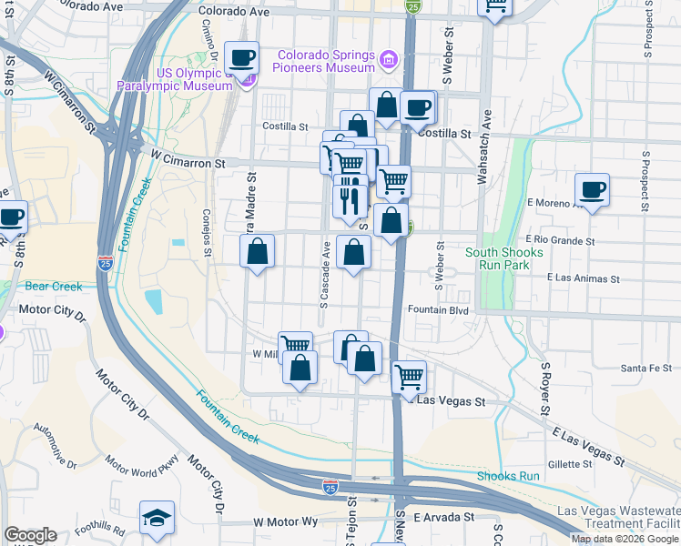 map of restaurants, bars, coffee shops, grocery stores, and more near 802 South Tejon Street in Colorado Springs