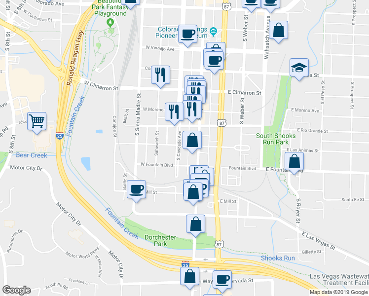 map of restaurants, bars, coffee shops, grocery stores, and more near 5 West Las Animas Street in Colorado Springs