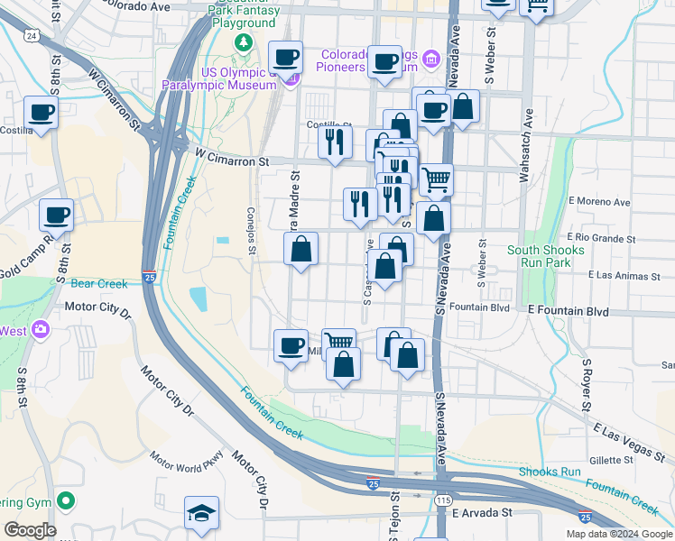 map of restaurants, bars, coffee shops, grocery stores, and more near 31 West Las Animas Street in Colorado Springs