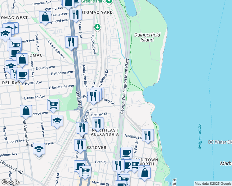 map of restaurants, bars, coffee shops, grocery stores, and more near 1624 West Abingdon Drive in Alexandria