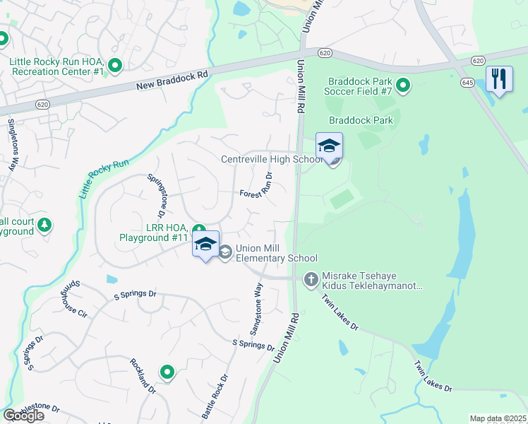 map of restaurants, bars, coffee shops, grocery stores, and more near 13605 Moss Glen Road in Clifton