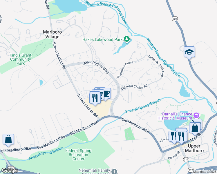 map of restaurants, bars, coffee shops, grocery stores, and more near 13801 Ascott Drive in Upper Marlboro