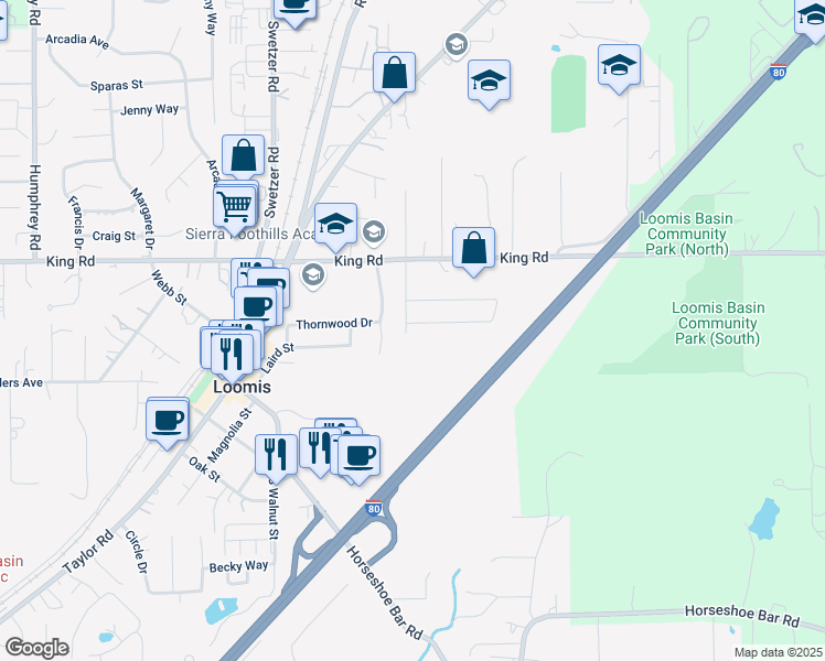 map of restaurants, bars, coffee shops, grocery stores, and more near 6304 David Avenue in Loomis