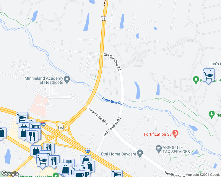 map of restaurants, bars, coffee shops, grocery stores, and more near 6235 Lawson Drive in Haymarket