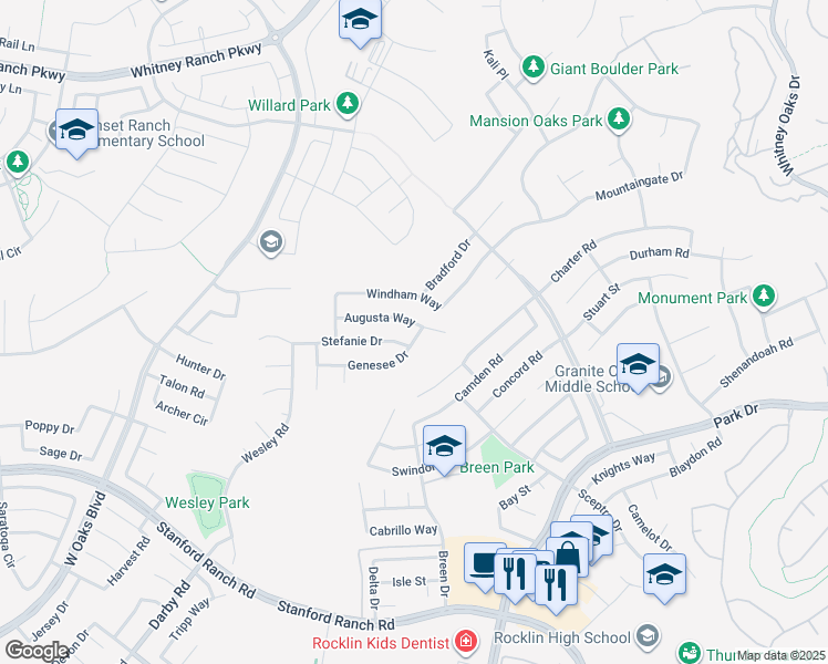 map of restaurants, bars, coffee shops, grocery stores, and more near 2830 Augusta Way in Rocklin