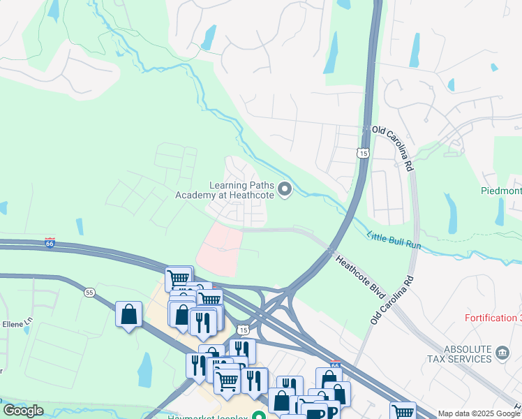 map of restaurants, bars, coffee shops, grocery stores, and more near 15112 Lilywood Lane in Haymarket