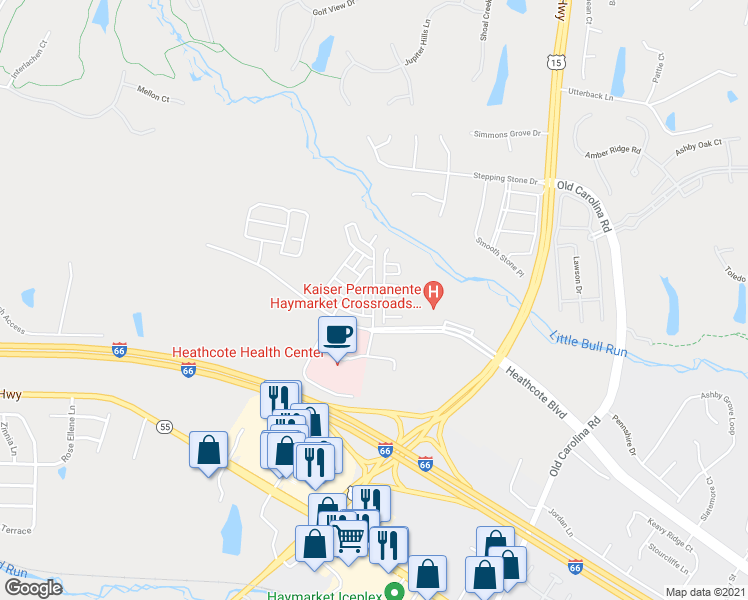 map of restaurants, bars, coffee shops, grocery stores, and more near 6266 Aster Haven Circle in Haymarket