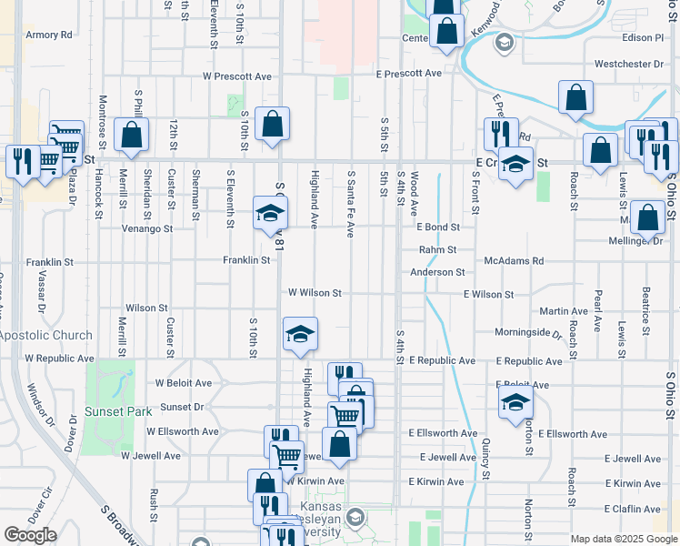 map of restaurants, bars, coffee shops, grocery stores, and more near 840 South Santa Fe Avenue in Salina