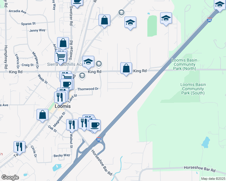 map of restaurants, bars, coffee shops, grocery stores, and more near 6304 David Avenue in Loomis