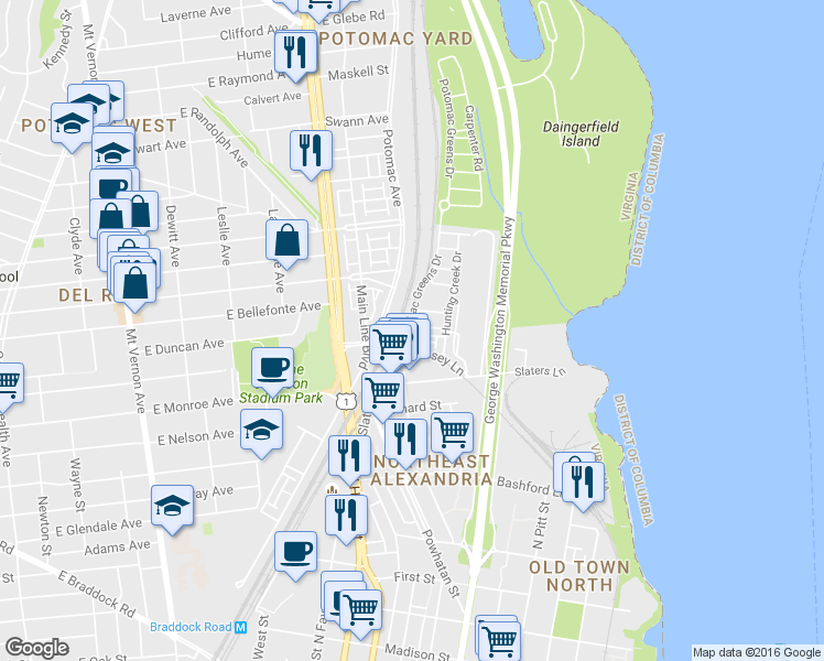 map of restaurants, bars, coffee shops, grocery stores, and more near 1611 Potomac Greens Drive in Alexandria